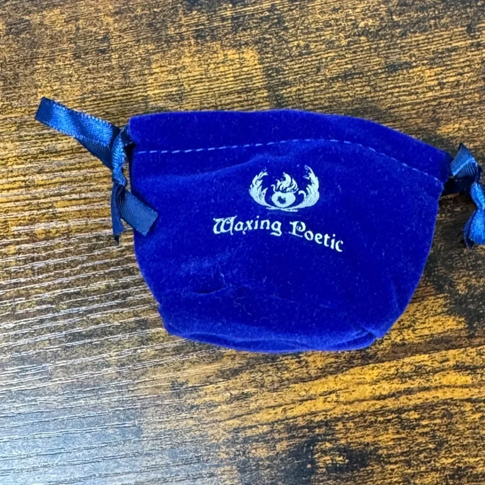 Waxing Poetic Drawstring Pouch Blue Velvet Jewelry Gift Bag Vintage Logo